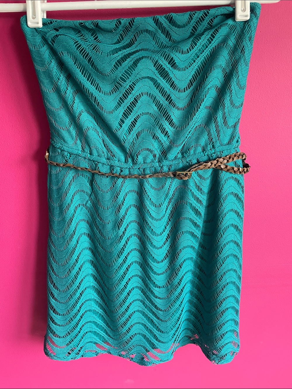 Charlotte Russe Strapless Teal Crochet Dress with Braided Belt